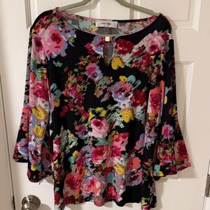 Jones Studio Black Floral 3/4 Flared Sleeve Top Travel Friendly Size 2X